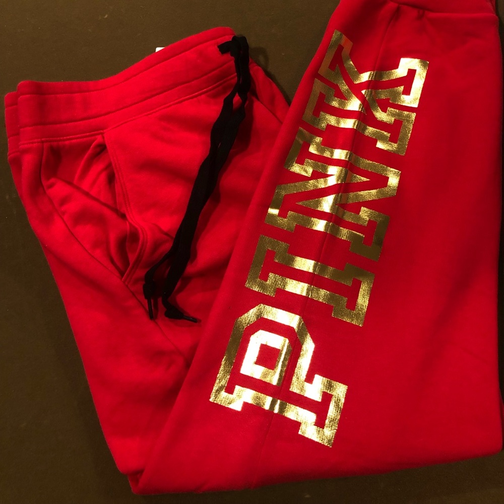 PINK Brand Women’s Pants in Red with Gold Logo